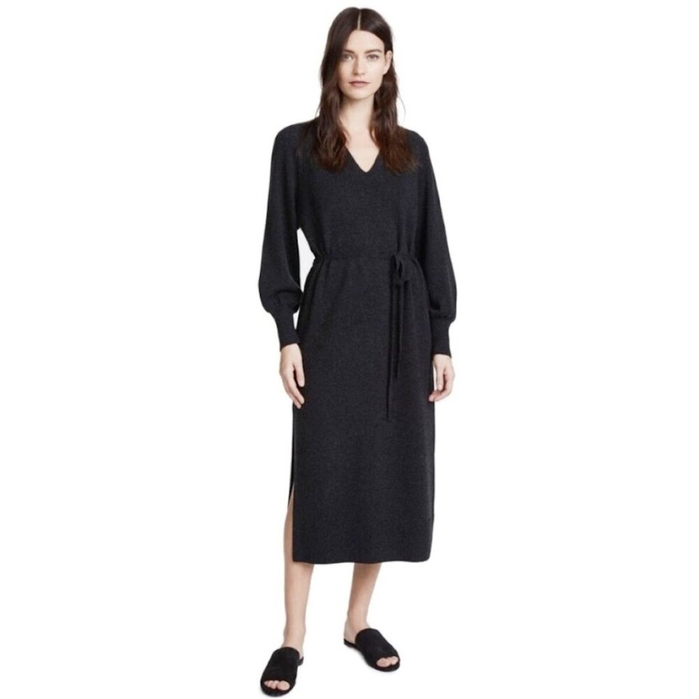 Vince Wool Cashmere Belted Midi Sweater Dress Long Sleeve Gray Black L